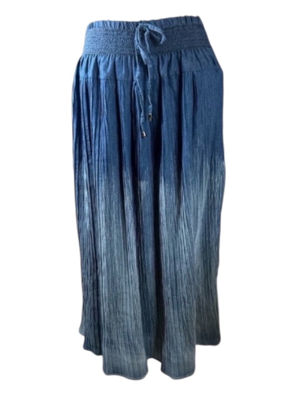 INDIGO & LACE Chambray Ombré Pleated Skirt, Smocked Waist w/Drawstring, Size L.
